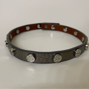 Tory Burch Metallic Gray Leather Stud Bracelet with Silver Logos